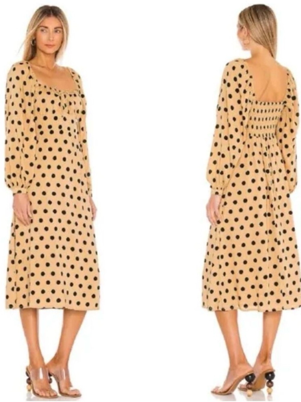 Faithfull the‎ Brand Beige Midi Dress with Black Polka Dots - Picture 6 of 12